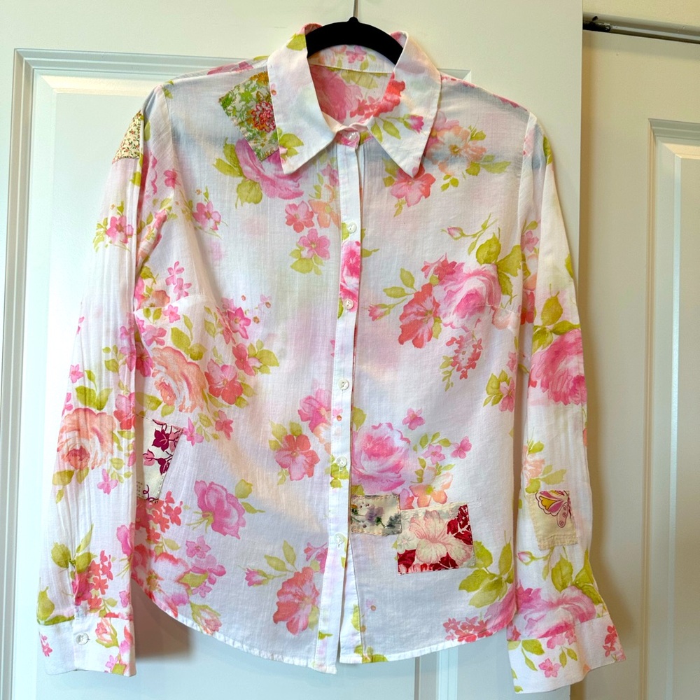 Floral Button Front Blouse Upcycled With Vintage Patches, Embroidery Small